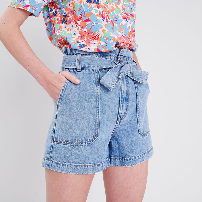 Short ceinturé denim double stone femme