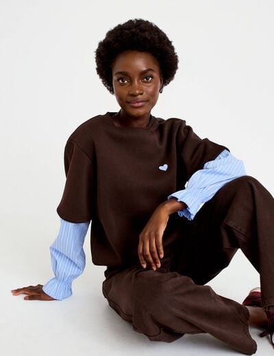 Sweat bi-mati&egrave;re manches longues marron fonc&eacute; femme