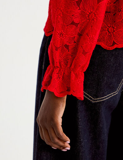 Blouse droite col v en dentelle rouge femme