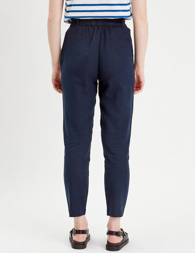 Pantalon droit fluide contenant du lin bleu marine femme