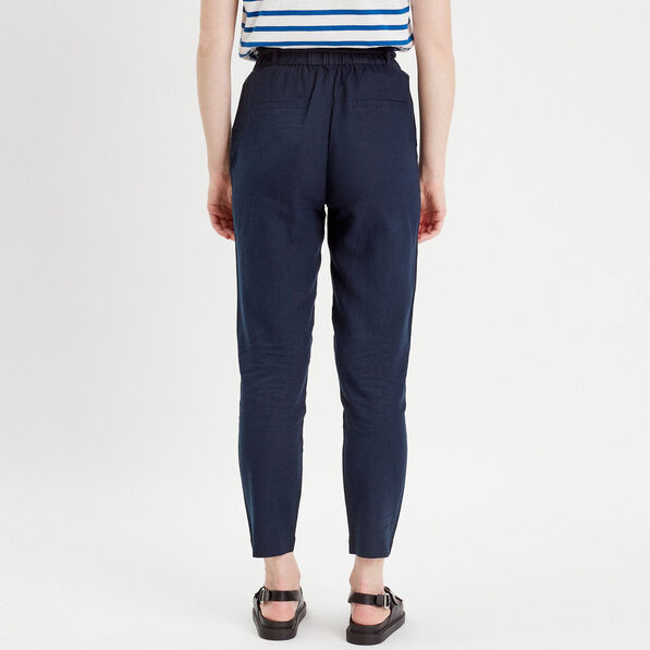 Pantalon droit fluide contenant du lin bleu marine femme