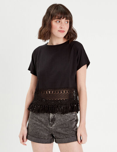 T-shirt franges crochet noir femme