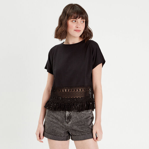 T-shirt franges crochet noir femme