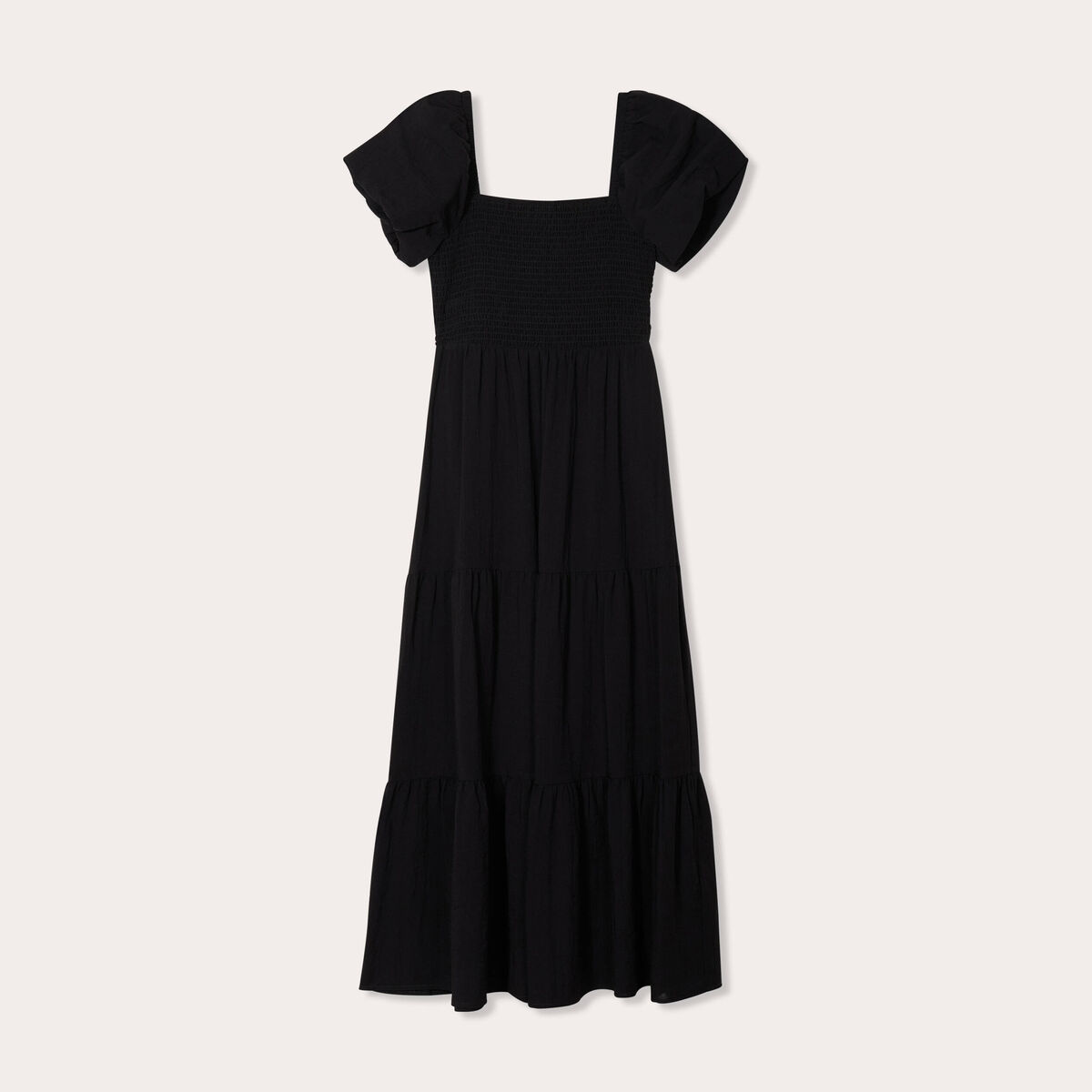Robe longue évasée smockée noir femme