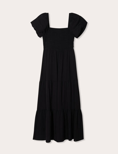 Robe longue évasée smockée noir femme