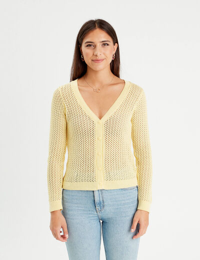 Gilet manches longues ajouré jaune moutarde femme