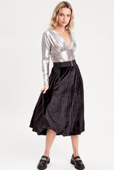 Jupe longue plissée velours noir femme