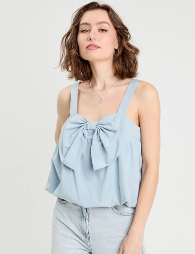 Blouse effet boule et noeud bleu clair femme