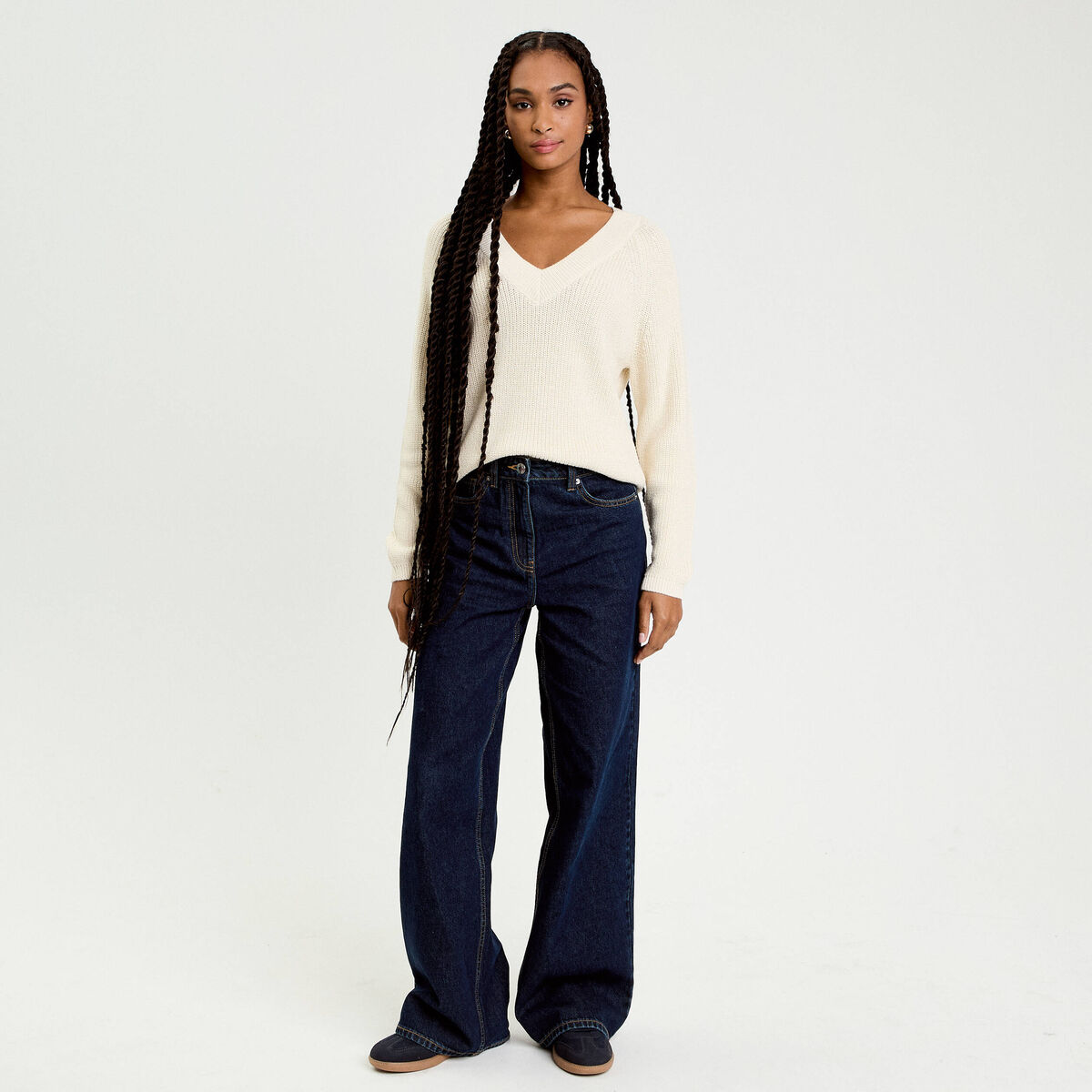 Pull col v manches longues ivoire femme