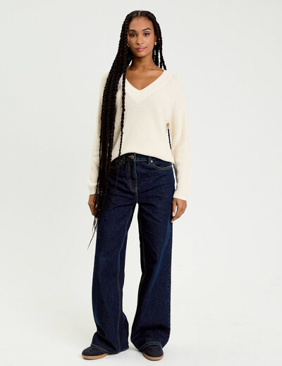 Pull col v manches longues ivoire femme
