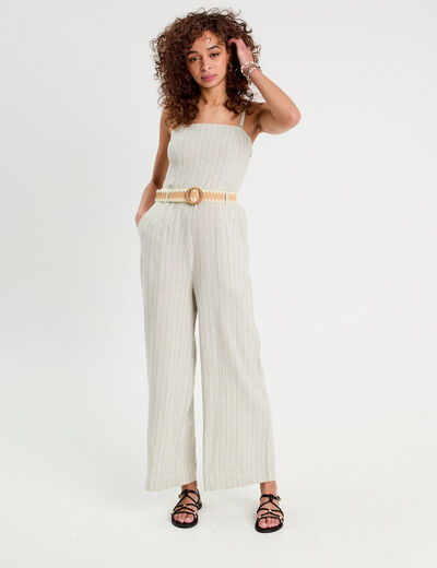 Combinaison pantalon bretelles avec lin vert femme