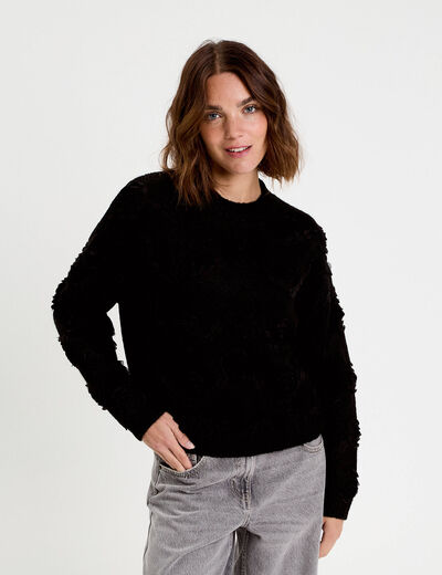 Pull fleurs en relief noir femme