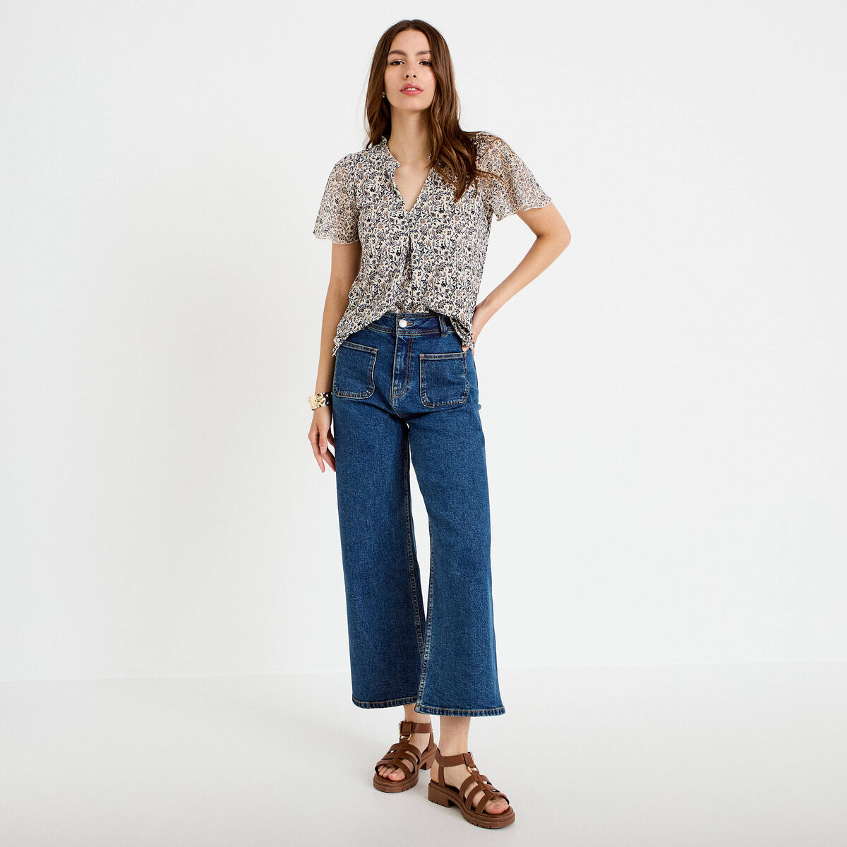 Blouse droite longue manches courtes blanc femme