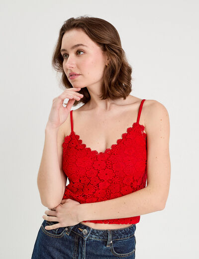 Débardeur cropped dentelle rouge femme