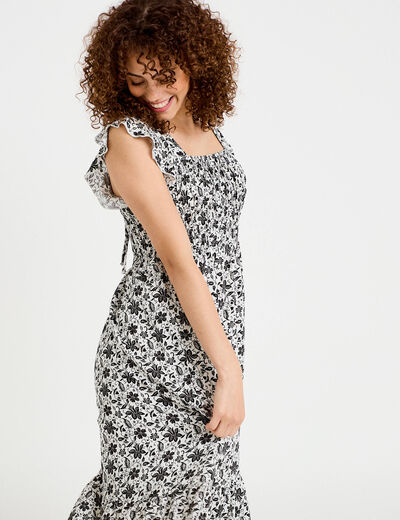 Robe longue &eacute;vas&eacute;e smock&eacute;e noir femme