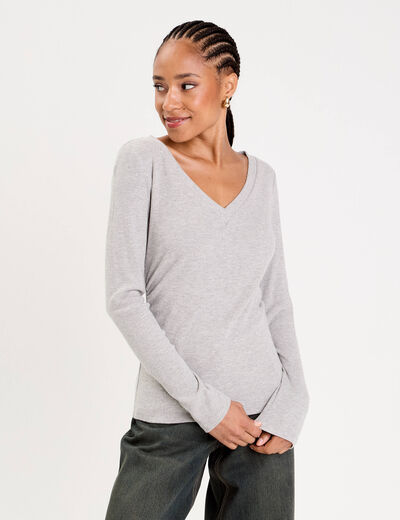 Top ajust&eacute; col v manches longues gris clair femme