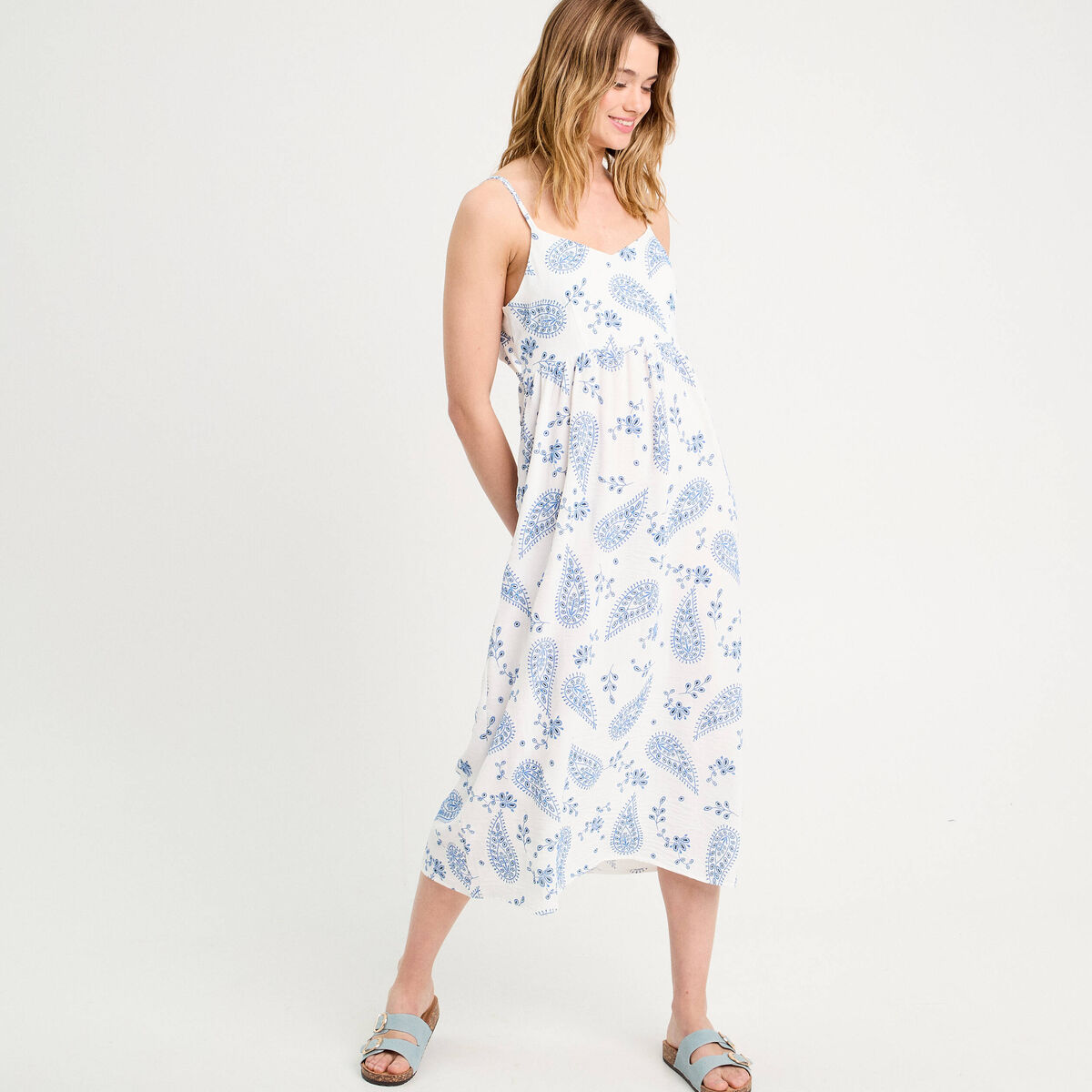 Robe longue évasée bretelles blanc femme