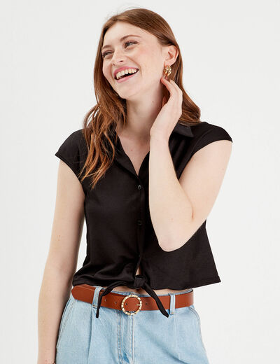 Blouse manches courtes nouée noir femme
