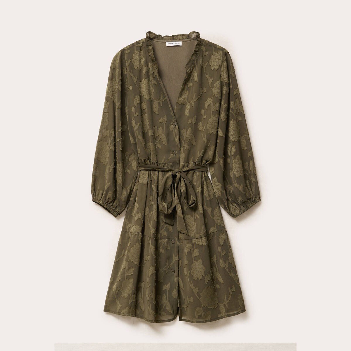 Robe chemise &eacute;vas&eacute;e ceintur&eacute;e vert kaki femme