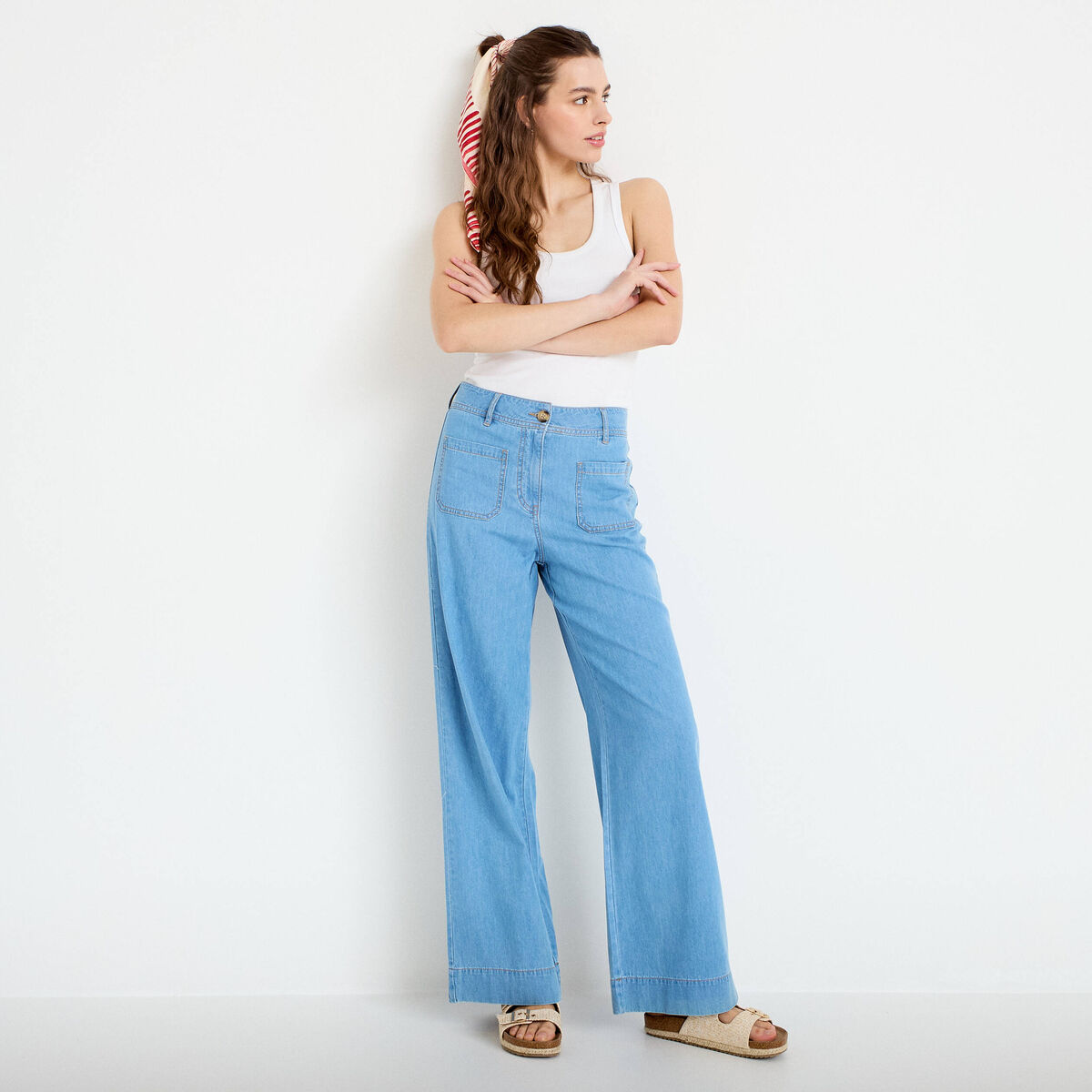 Jean wide leg taille standard denim bleach femme