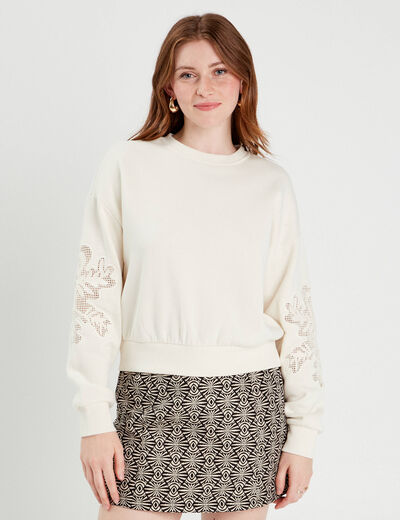 Sweat détails broderie ecru femme