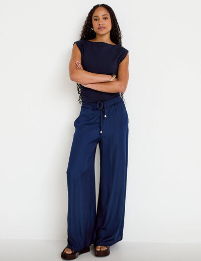 Pantalon large taille standard bleu marine femme
