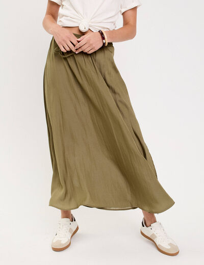 Jupe longue évasée satin vert kaki femme