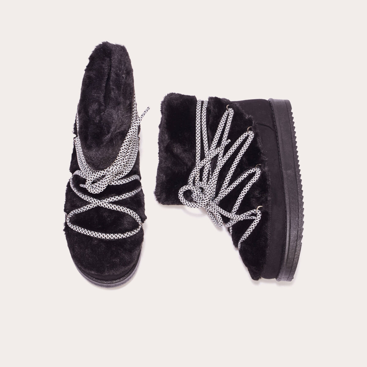 Bottines fausse fourrure à lacets noir femme