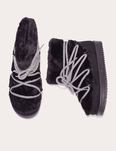 Bottines fausse fourrure à lacets noir femme