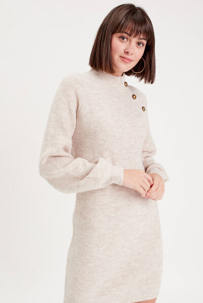 Robe pull droite col montant sable femme