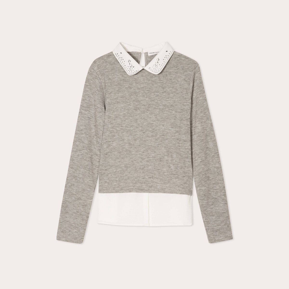 Pull col chemise bijoux gris clair femme