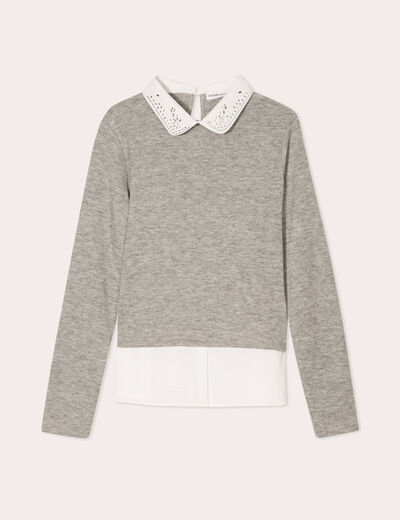Pull col chemise bijoux gris clair femme