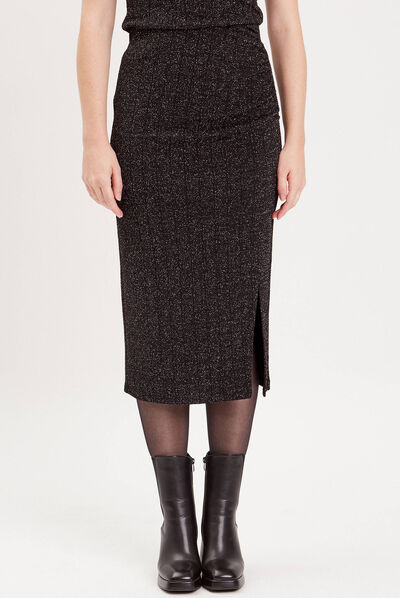 Jupe tricotée midi moulante noir femme