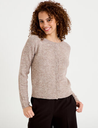 Gilet col rond manches longues taupe femme