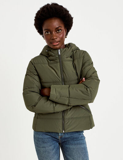 Doudoune cintr&eacute;e &agrave; capuche vert kaki femme