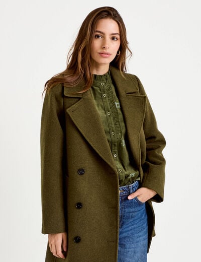 Manteau droit mi-long col tailleur vert kaki femme