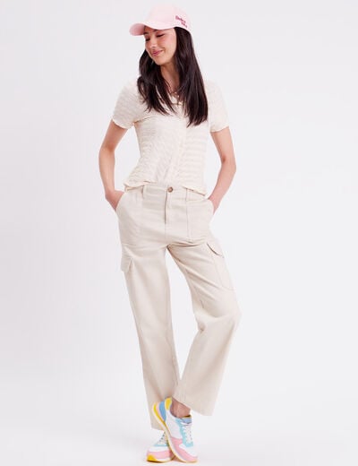 Blouse manches courtes gaufr&eacute; ecru femme