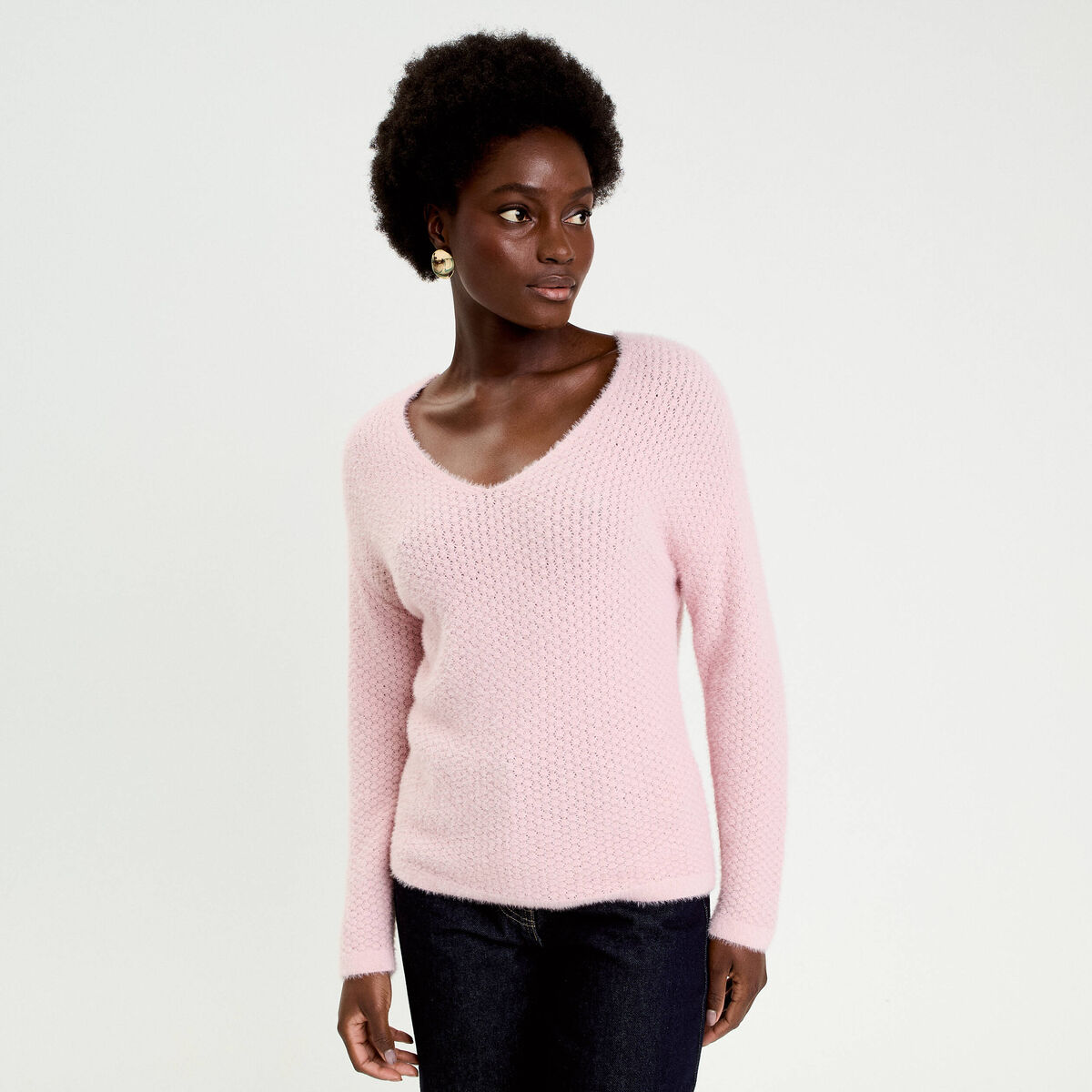 Pull col v manches longues rose pastel femme