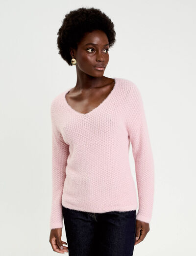 Pull col v manches longues rose pastel femme