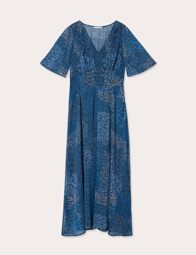 Robe longue évasée col en V bleu foncé femme