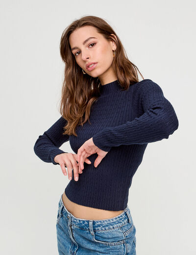 Pull col montant torsades bleu marine femme