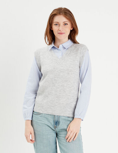 Pull 2-en-1 col en V gris clair femme