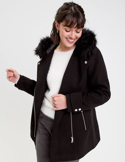Manteau droit avec capuche noir femme