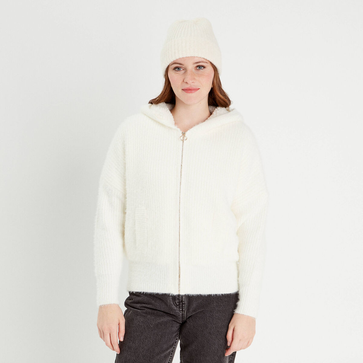 Gilet doublé à capuche ecru femme