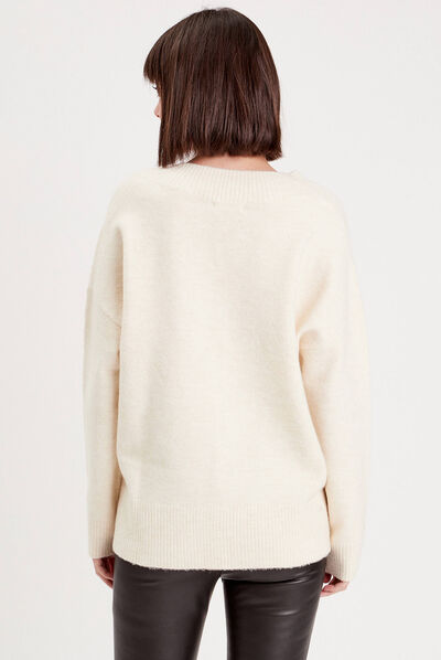 Pull manches longues col en V ivoire femme