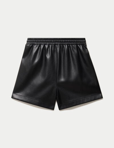 Short large taille haute en similicuir noir femme
