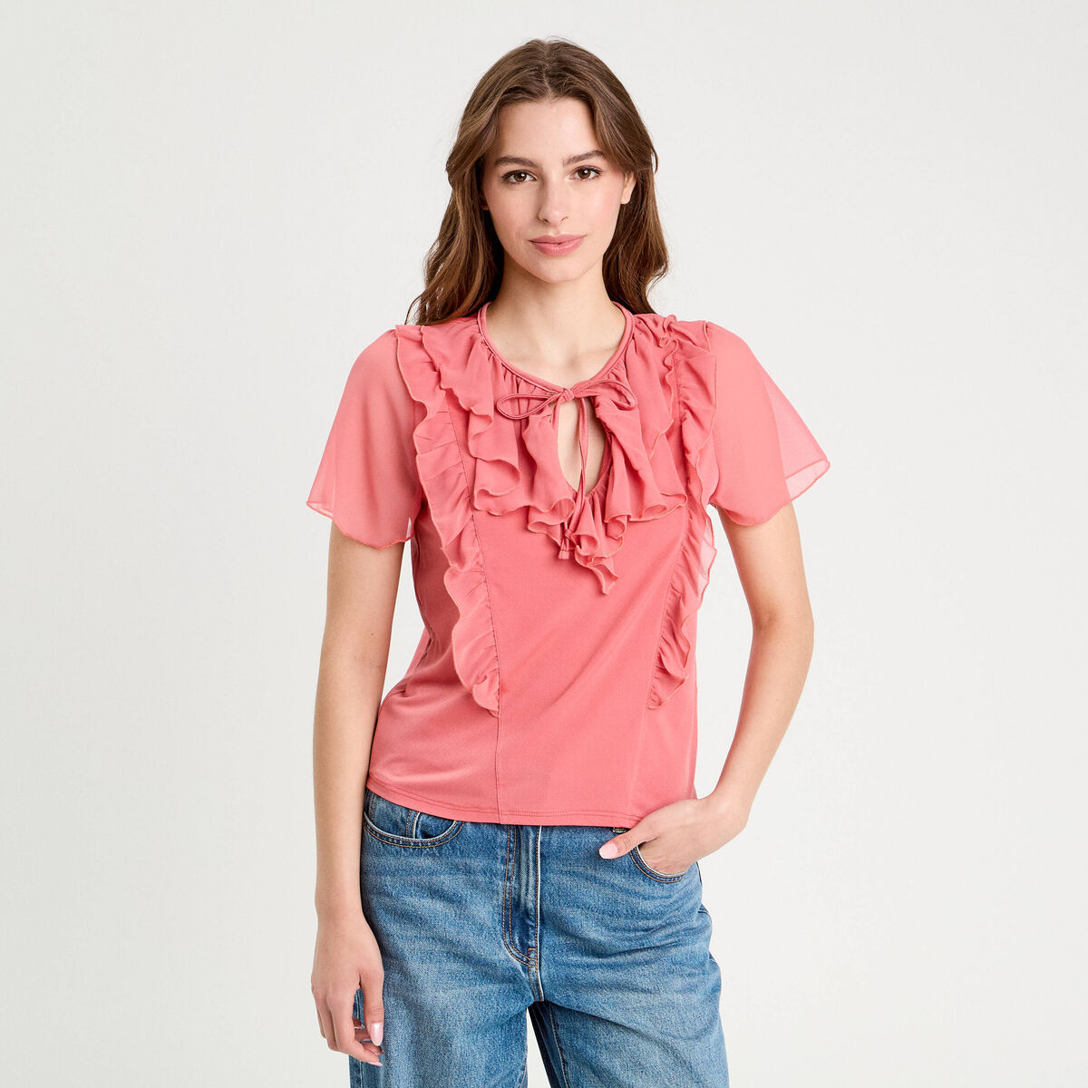 Blouse volants rose pastel femme