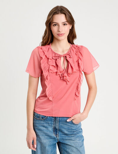 Blouse volants rose pastel femme