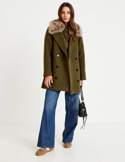 Manteau droit mi-long col tailleur vert kaki femme