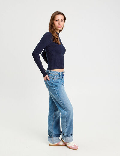 Pull col montant torsades bleu marine femme